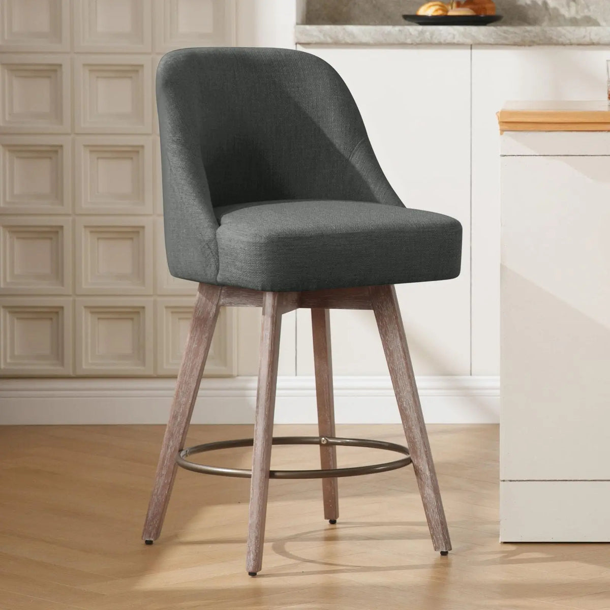 Bekrvio Counter Height Bar Stools Set of 3, Modern Mid-Century Swivel Barstools with Backs and Wood Legs, Linen Fabric