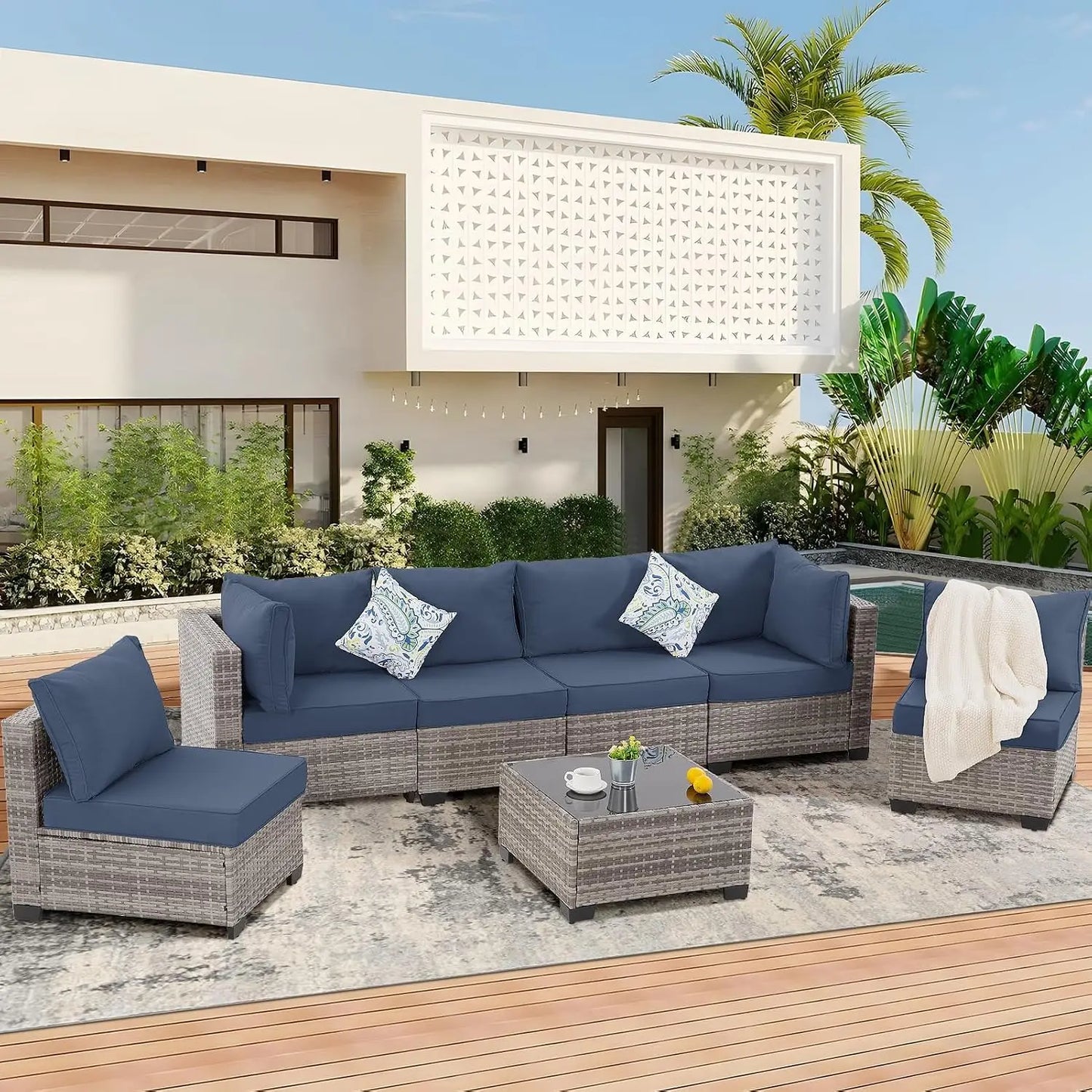 7-Piece Outdoor Wicker Sectional Sofa Set, Patio Garden Furniture, PE Rattan, Customized