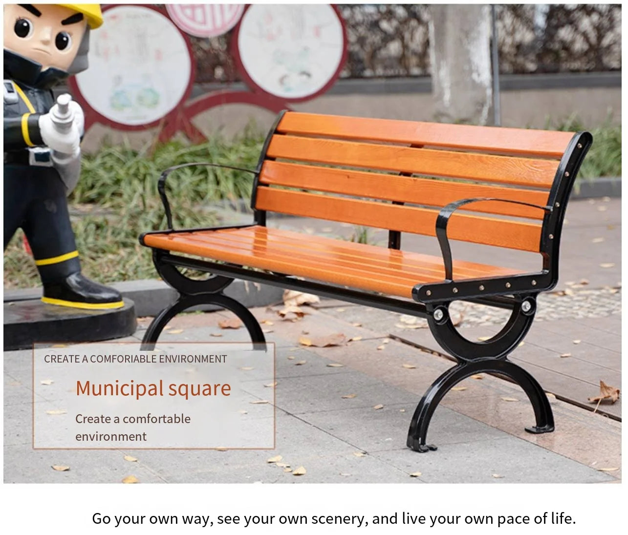 Classic Outdoor Wooden Bench with Durable Cast Iron Frame Weatherproof Garden Park Public Seating for Patio Lawn Landscape Decor