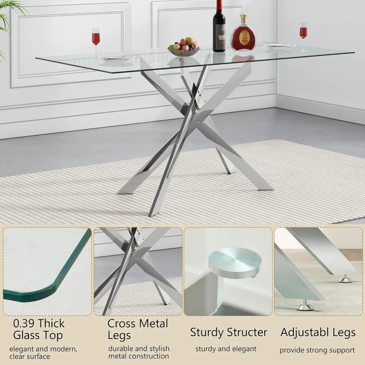 52'' 5 Piece Rectangular Glass Dining Table Set for 4 | Tempered Glass Dinner Table Set for 4 Kitchen Table Set with 4 Velvet Up