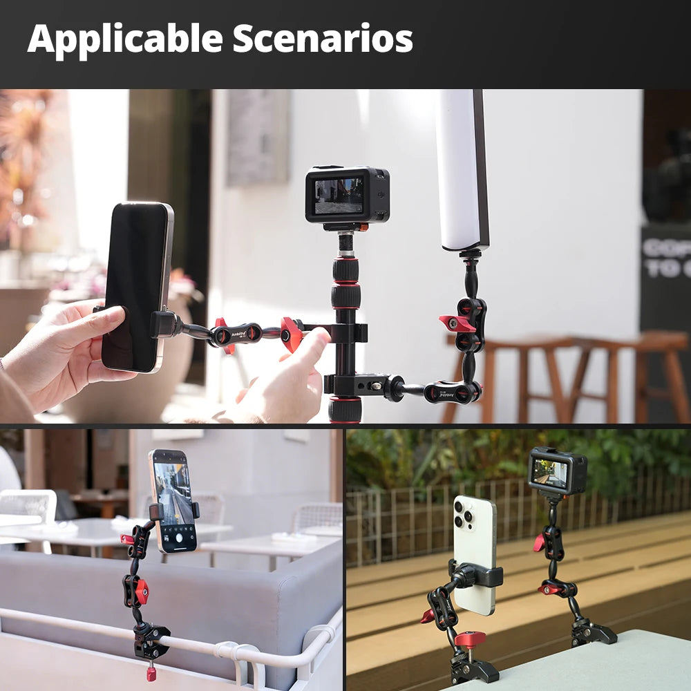 AMBITFUL 360° Double Ballhead Magic Arm With Super Clamp Kit 1/4" Screw Ball Head Adapter For Monitor LED Light Camera
