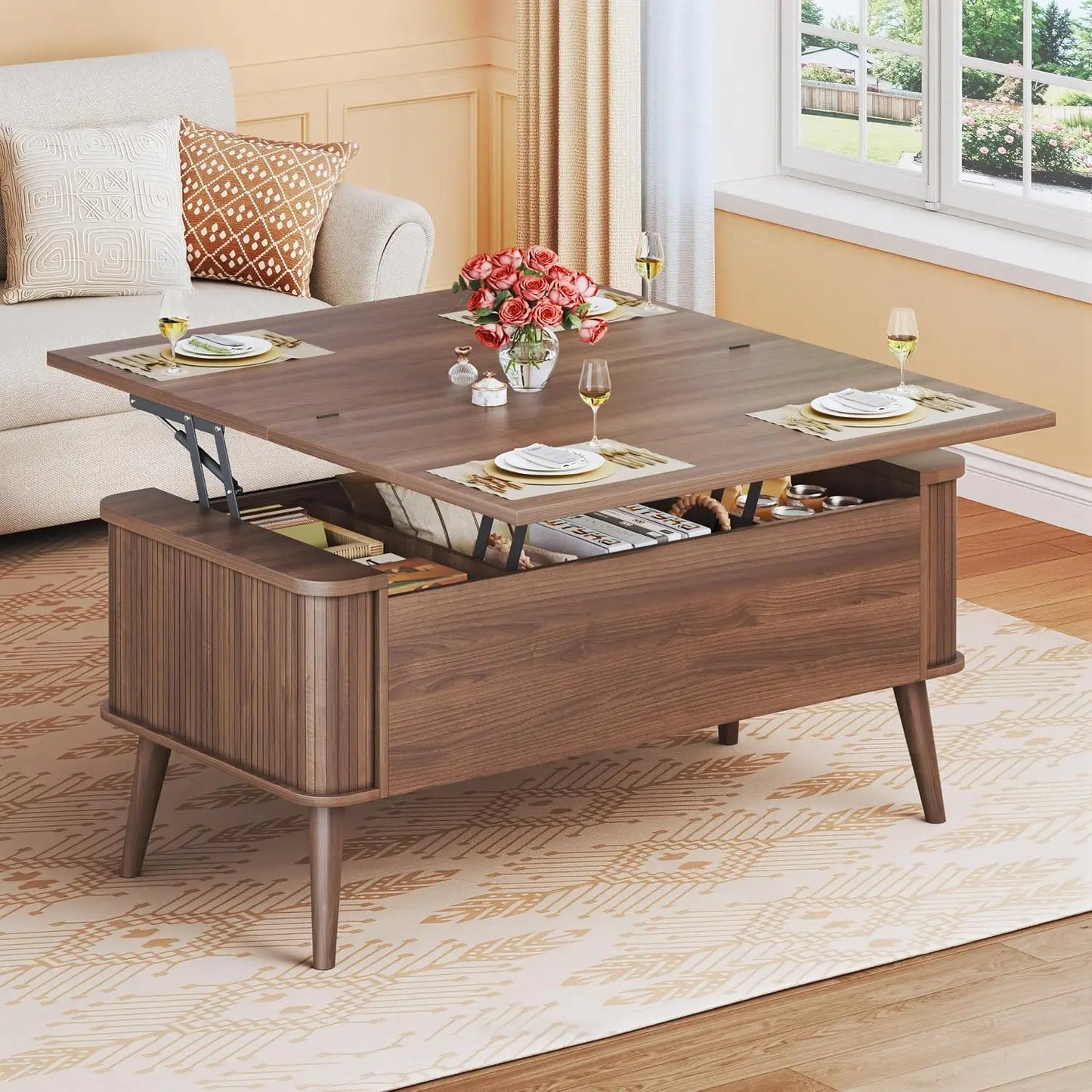 Lift Top Coffee Table, 40" Square with 3 Hidden Compartments, Table Converts to Dining Table for  Home , , Customized