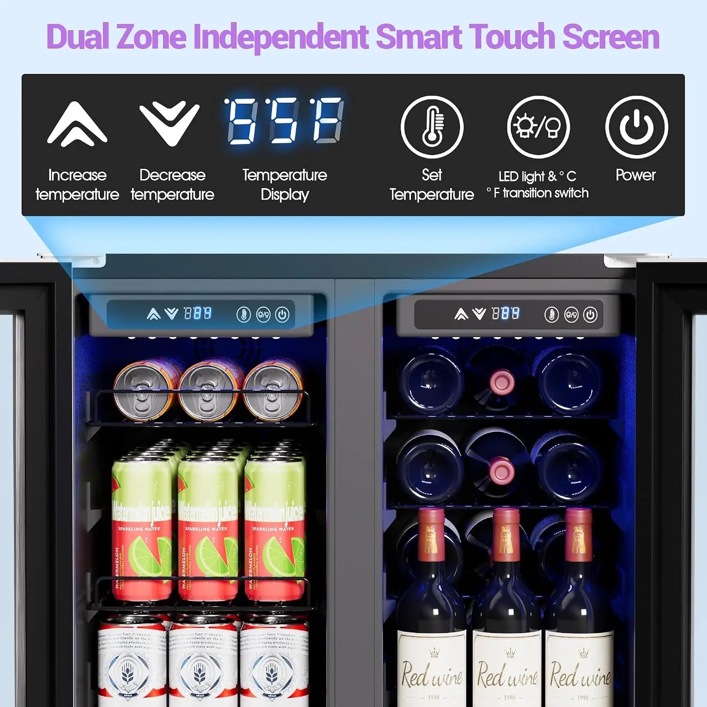 24 Inch 5.2 Cu.Ft Dual Zone Wine and Beverage Refrigerator With Glass Door | Built-in & Freestanding Beverage, Customized