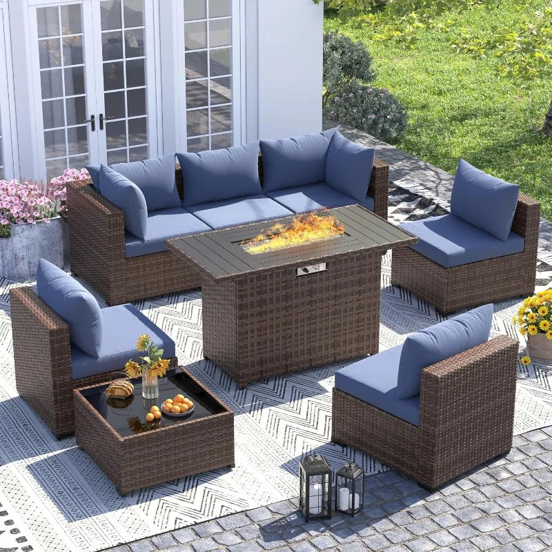 UDPATIO Outdoor Furniture 8-Piece Wicker Patio Set with 44" Fire Pit Table | All-weather Modular Sectional Sofa w/ Coffee Table