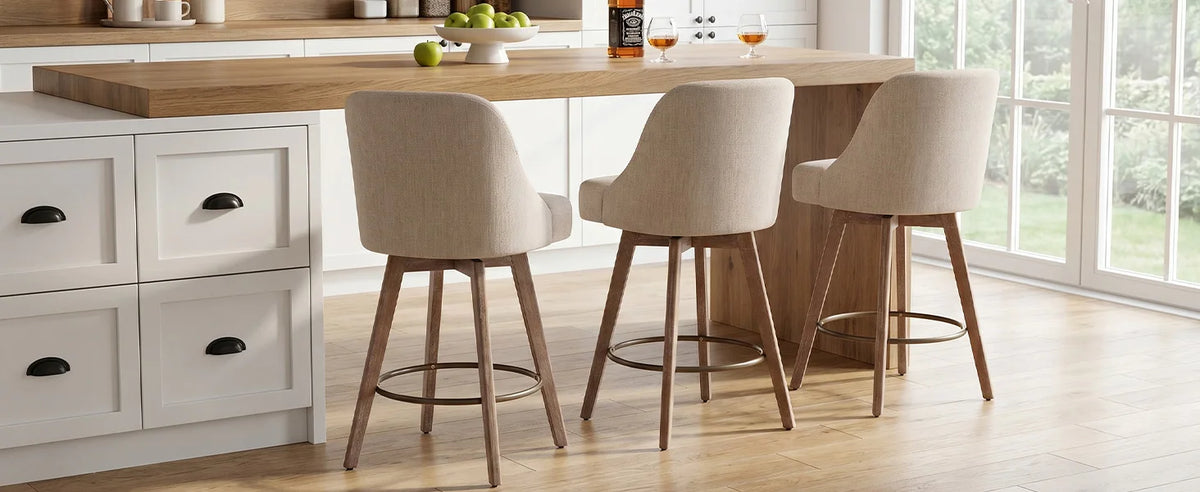 Bekrvio Counter Height Bar Stools Set of 3, Modern Mid-Century Swivel Barstools with Backs and Wood Legs, Linen Fabric