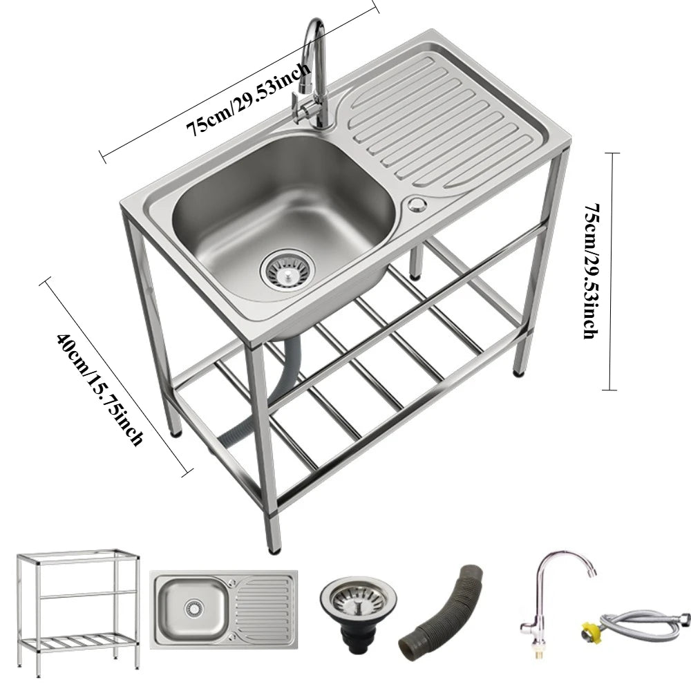 Utility Sink Set Freestanding Single Bowl Laundry Sink Commercial Restaurant Kitchen Outdoor Sink with Workbench Faucet Storage