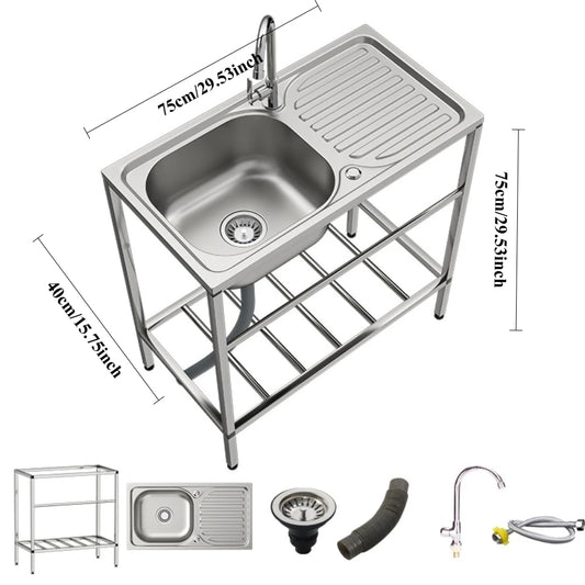 Utility Sink Set Freestanding Single Bowl Laundry Sink Commercial Restaurant Kitchen Outdoor Sink with Workbench Faucet Storage