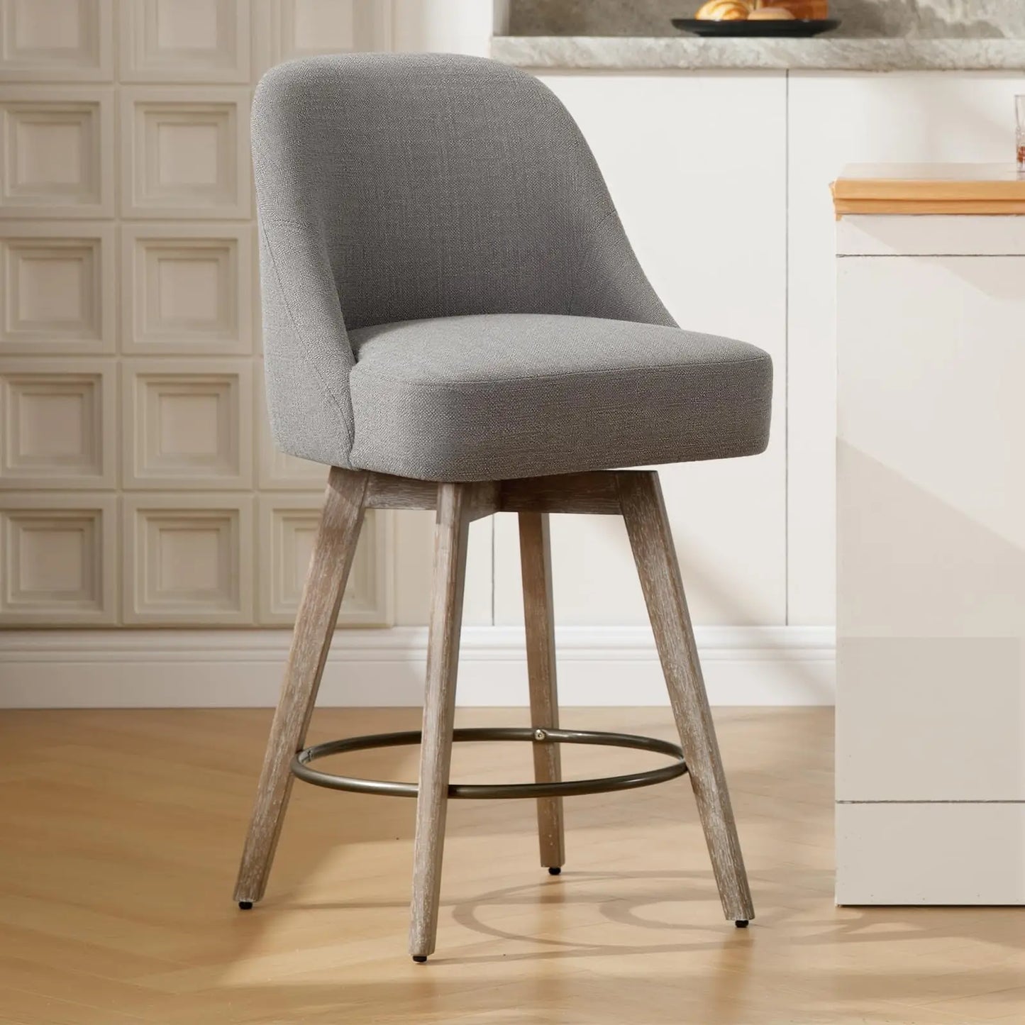 Bekrvio Counter Height Bar Stools Set of 3, Modern Mid-Century Swivel Barstools with Backs and Wood Legs, Linen Fabric