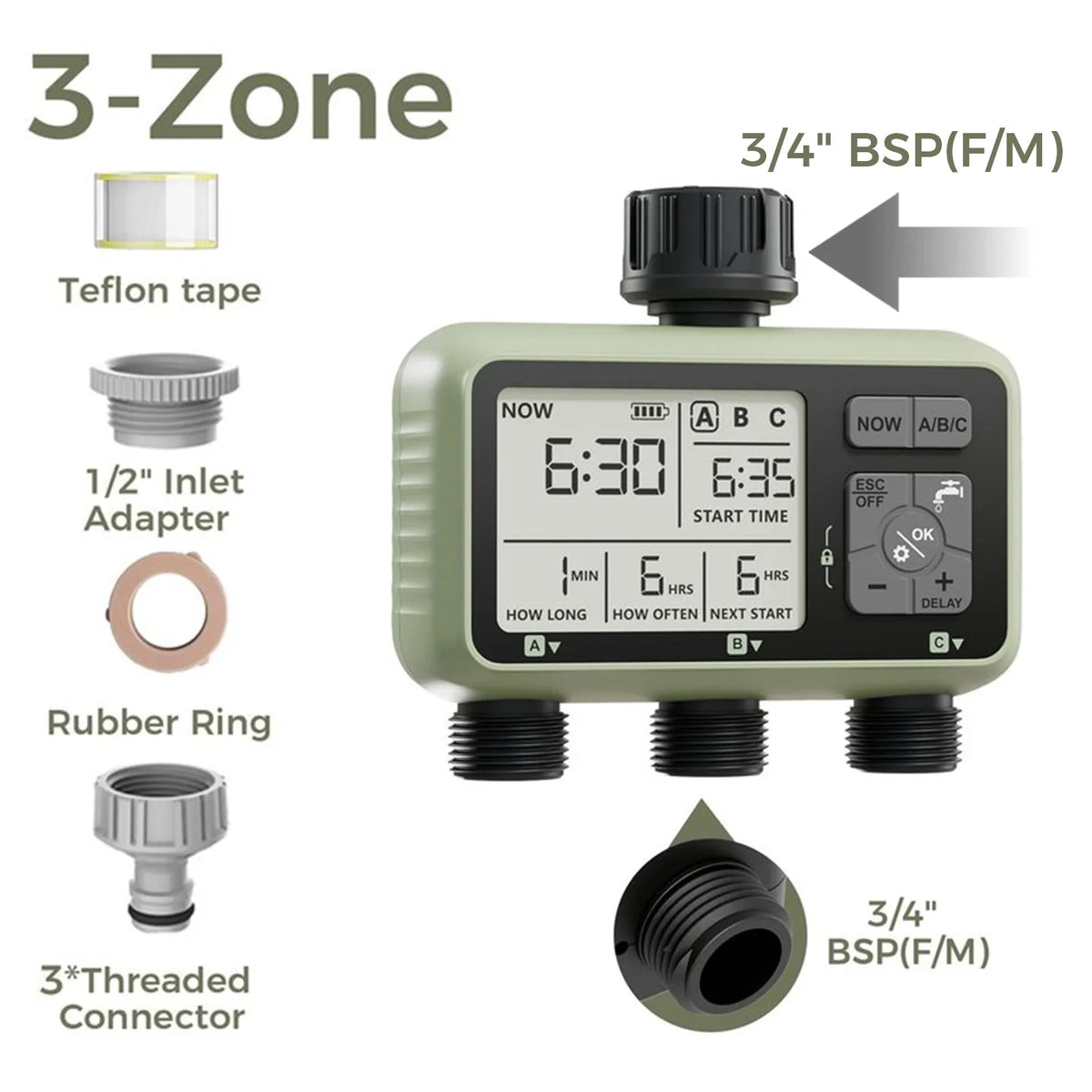 Diivoo Garden Water Timer 3 Zone Programmable Automatic Irrigation Timer with Rain Delay Manual/Auto Mode Watering for Lawn Yard
