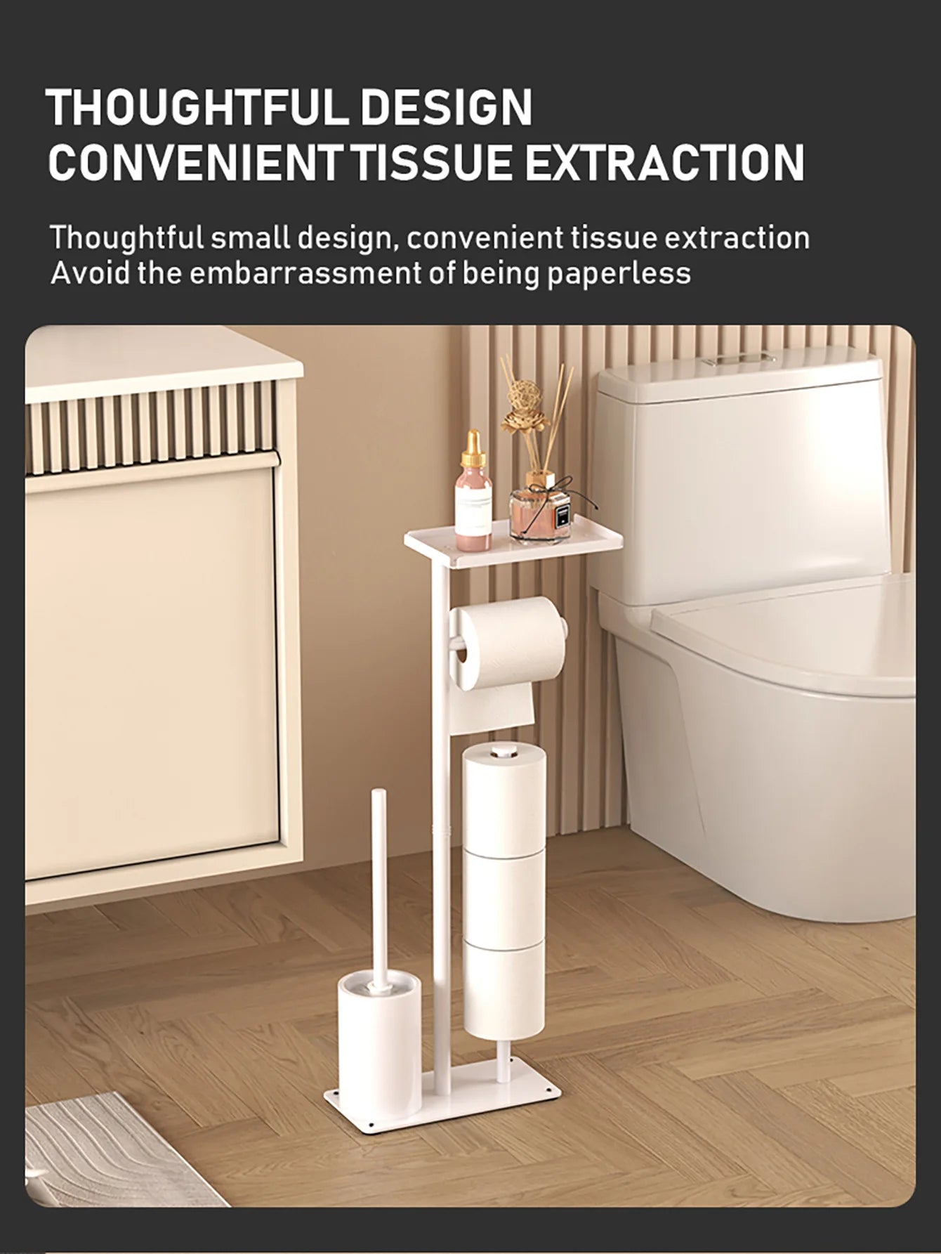 Floor-standing Tissue Holder Vertical Movable Toilet Paper Storage Rack Nail-Free Toilet Brush Holder Roll Paper Holder Bathroom