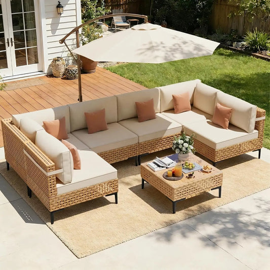 7-Piece Patio Furniture Set With Non-Slip Cushions & Coffee Table For Outdoor Garden, Customized