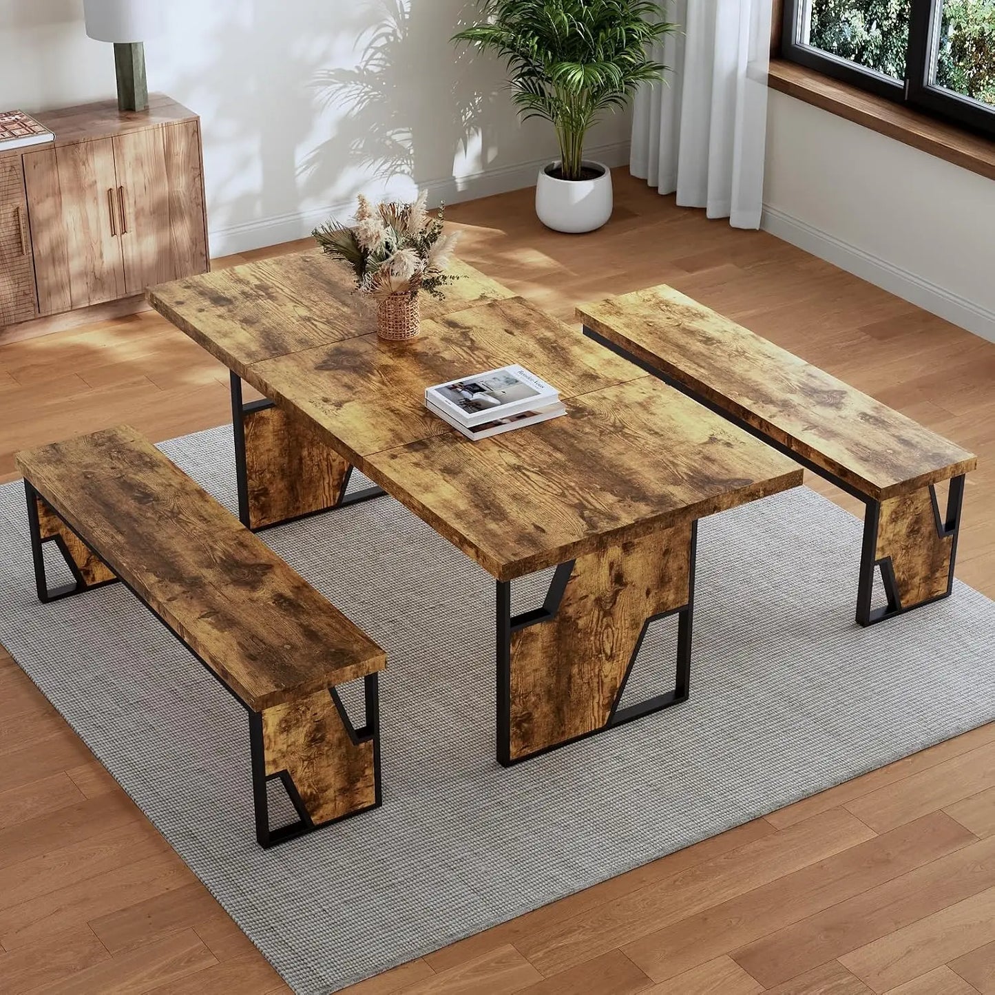 70.8" Wooden Dining Table with 2 Benches, Modern Set for 4-6 Person, Thickened  Table with Bench for Dining Room, Kitchen