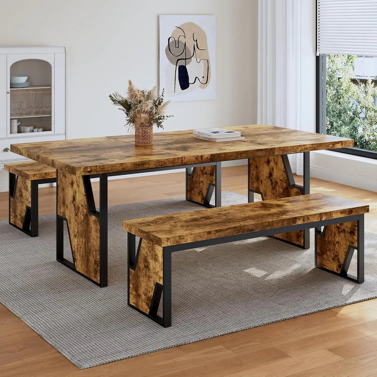 70.8" Wooden Dining Table with 2 Benches, Modern Set for 4-6 Person, Thickened  Table with Bench for Dining Room, Kitchen