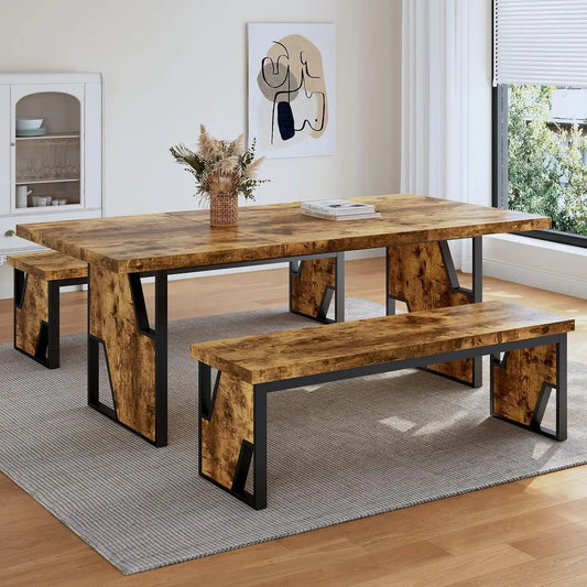 70.8" Wooden Dining Table with 2 Benches, Modern Set for 4-6 Person, Thickened  Table with Bench for Dining Room, Kitchen