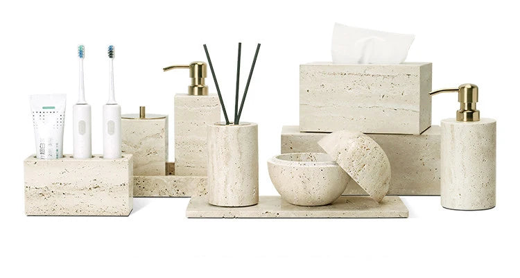 Travertine Bathroom Accessories Set Luxury Soap Dish Soap Dispenser Reed Diffuser Tissue Box Tray Bathroom Set
