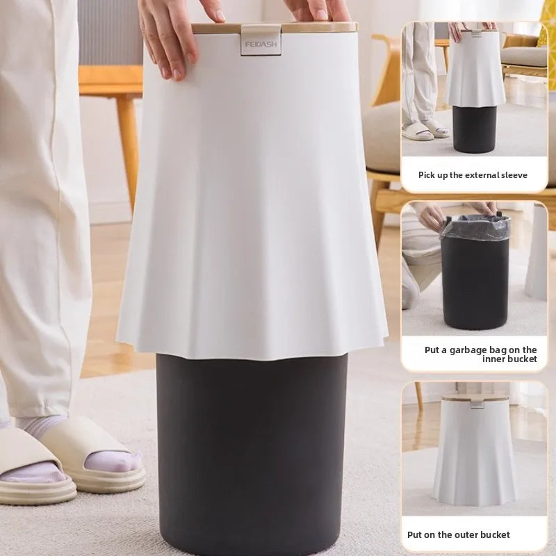 Stylish Minimalist Home Trash Can with Lid Top-Wide Bottom-Narrow Design Multi-Use Sit-On Wastebasket Garbage Bin