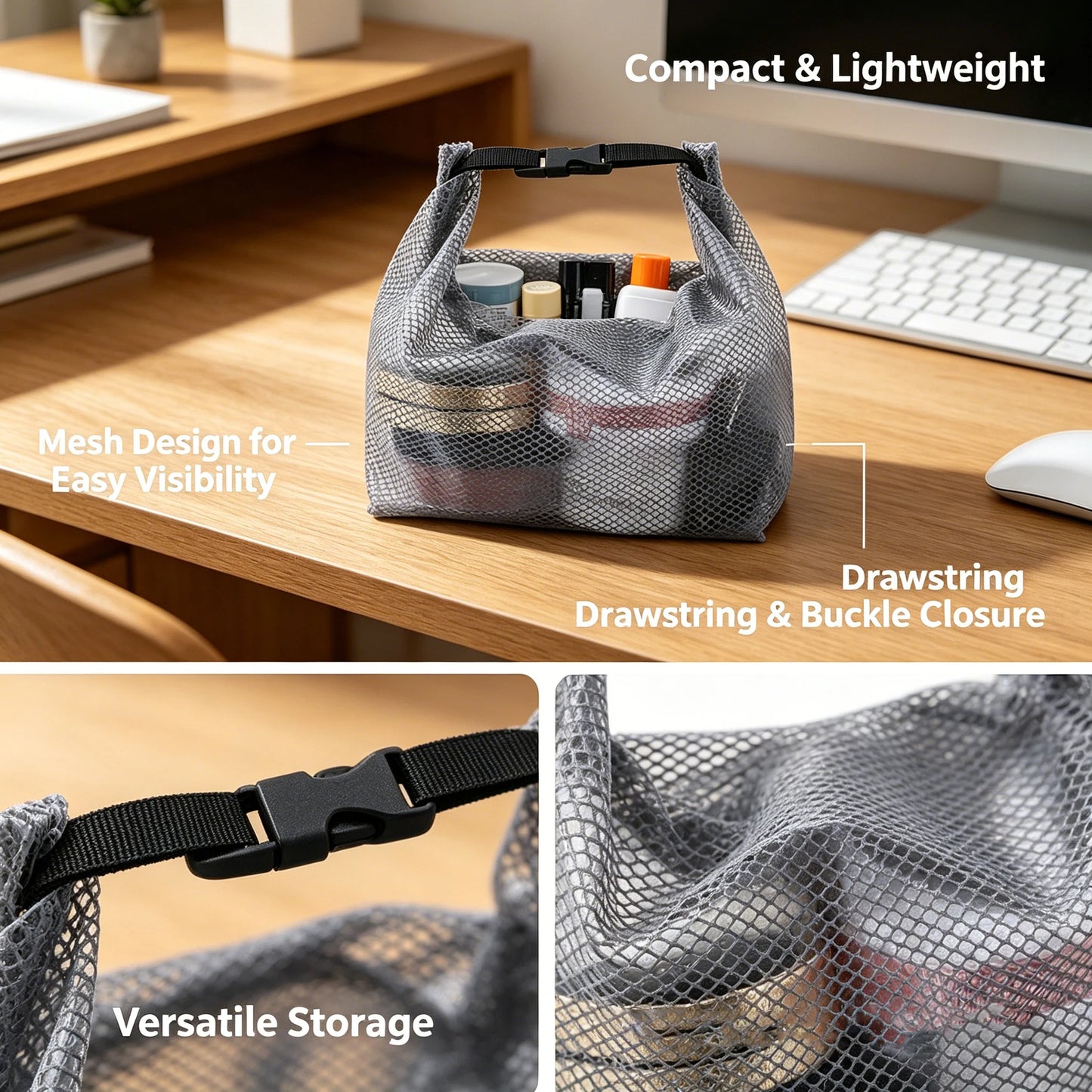 Waterproof Mesh Toiletry Bag, Drawstring Cosmetic Organizer with Quick-Release Buckle, Transparent Pouch for Travel, Gym, and Ba