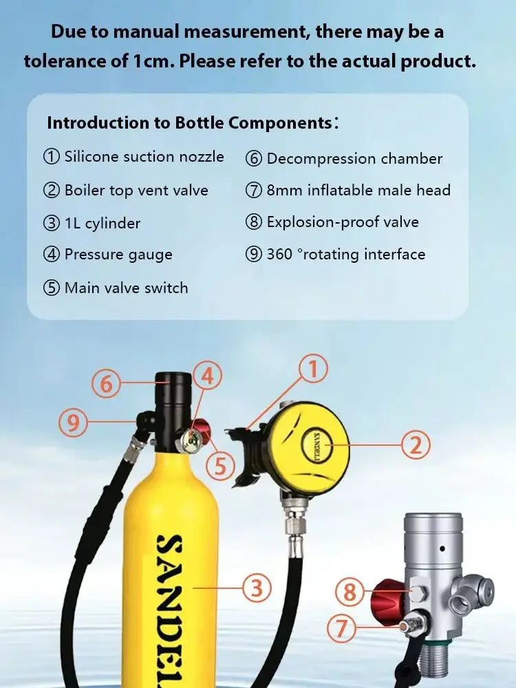 Diving regulator with 1L tank, underwater oxygen cylinder, scuba set, professional equipment
