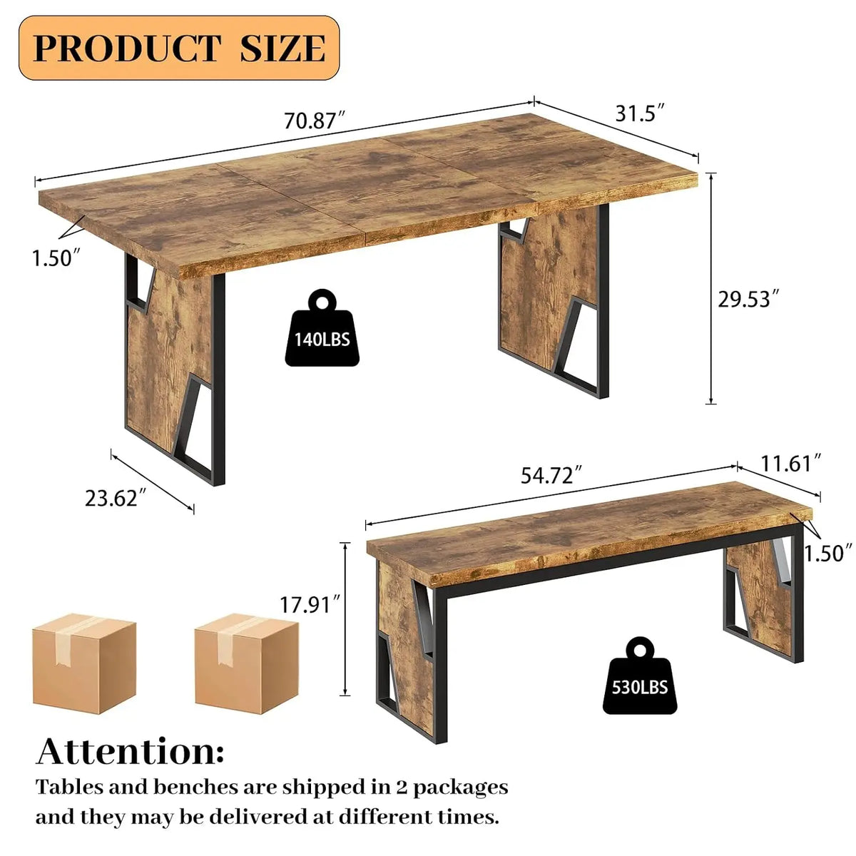 70.8" Wooden Dining Table with 2 Benches, Modern Set for 4-6 Person, Thickened  Table with Bench for Dining Room, Kitchen