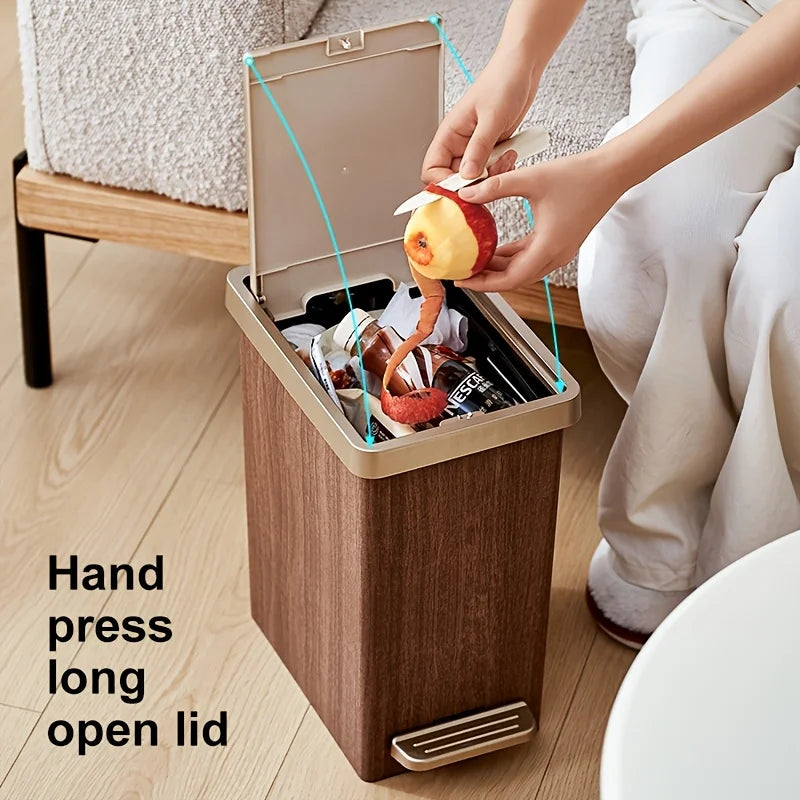Large Capacity Trash Can，Elegant Wood Grain Design。Durable Plastic，Mute off，Save Space。Suitable for Kitchen、Bathroom、Office、Bedr