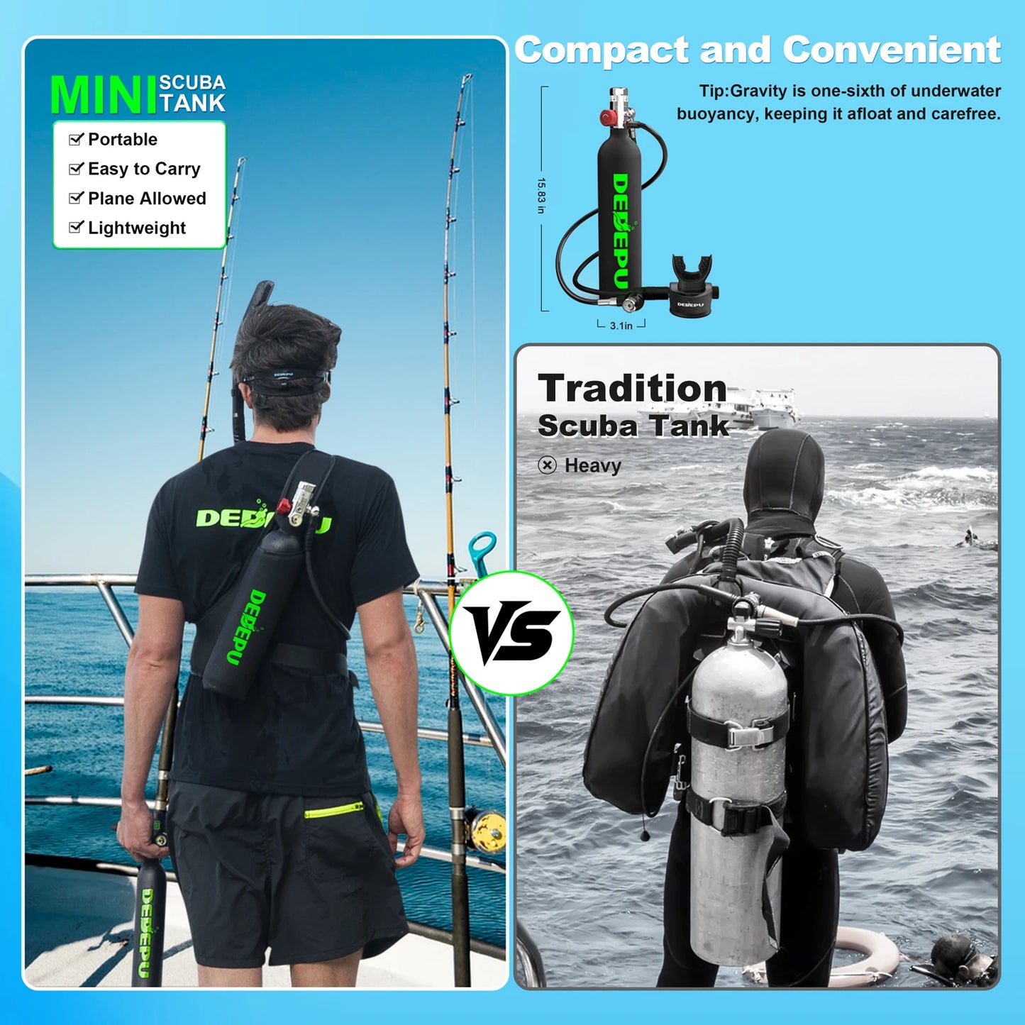 DEDEPU 1L Scuba Diving Tank Professional Diving Equipment Underwater Breathing Scuba Tank Oxygen Cylinder 15-25 Minutes