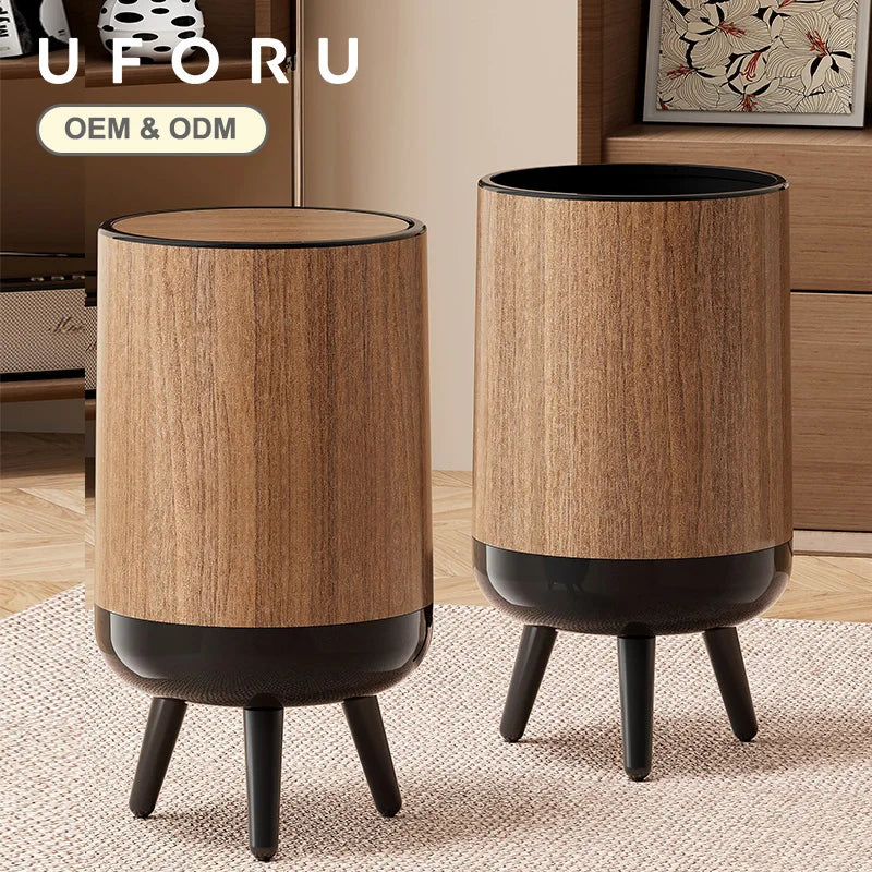 Wood-grain trash cans, classic-style trash cans with stands, shell-shaped trash cans that resist warping—perfect for the living