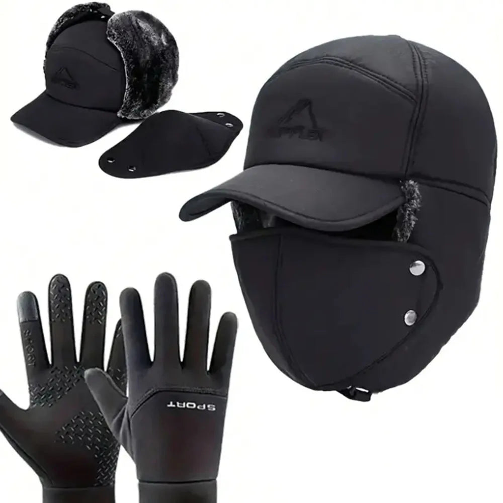 4Pcs Warm Thickened Cold-Proof Hat Winter Outdoor Cycling Warm Non-Slip Gloves Ski Windproof Face Mask Warm Four-Piece Set S003750