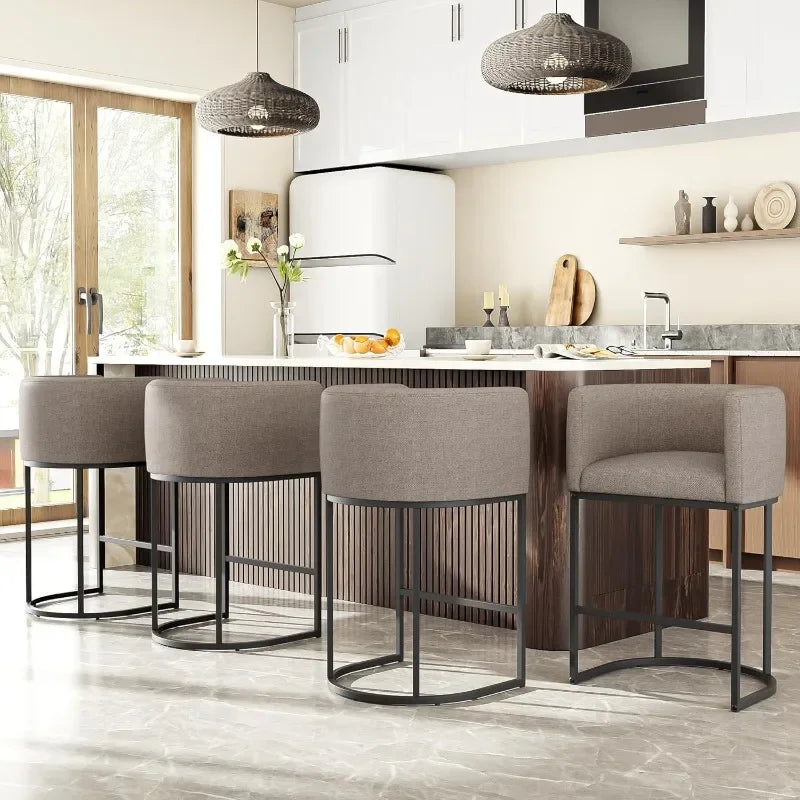 26" H Counter Height Bar Stools Modern Barrel Counter Stools with Backrest and Arms, Linen Fabric Upholstered Accent Barstools