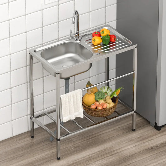 Utility Sink Set Freestanding Single Bowl Laundry Sink Commercial Restaurant Kitchen Outdoor Sink with Workbench Faucet Storage