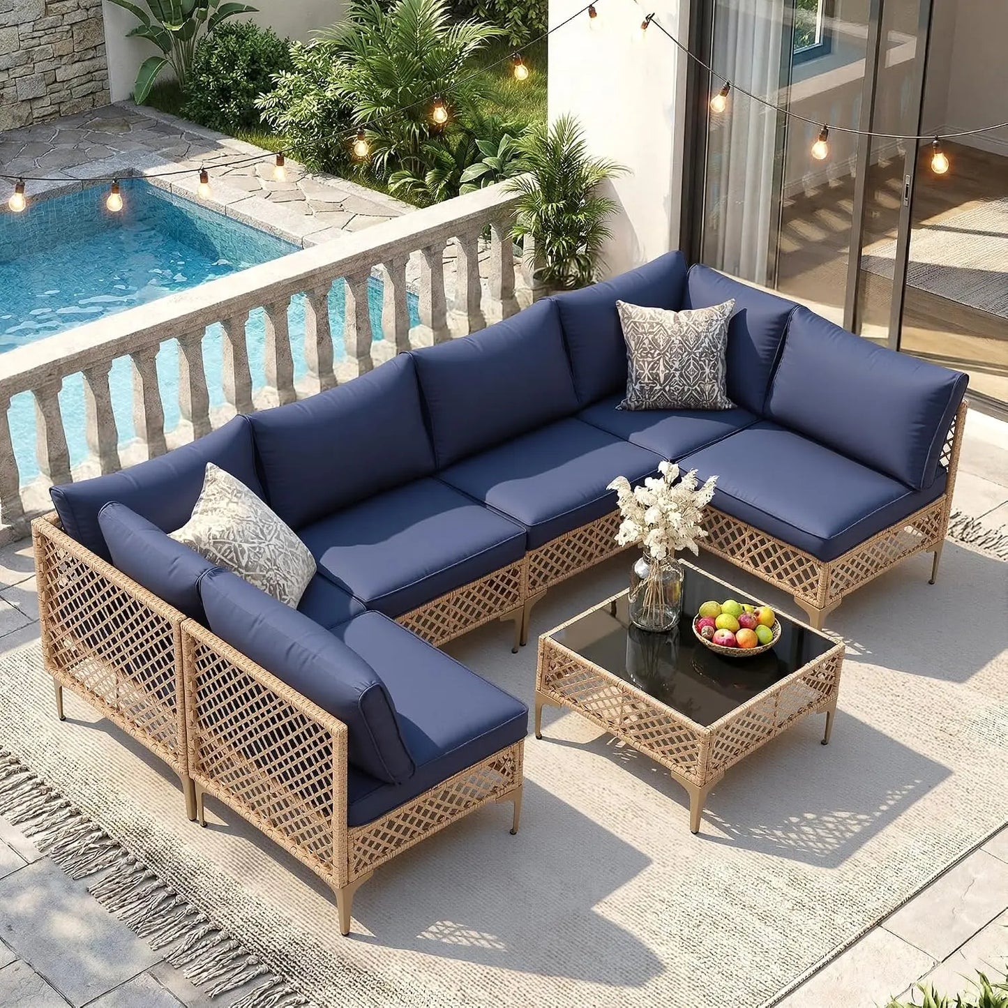 7-Piece Outdoor Wicker Sectional Sofa Set, Patio Garden Furniture, PE Rattan, Customized