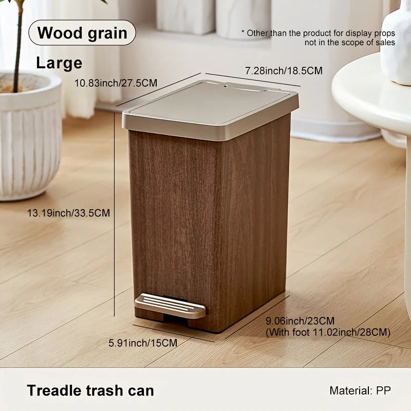 Large Capacity Trash Can，Elegant Wood Grain Design。Durable Plastic，Mute off，Save Space。Suitable for Kitchen、Bathroom、Office、Bedr