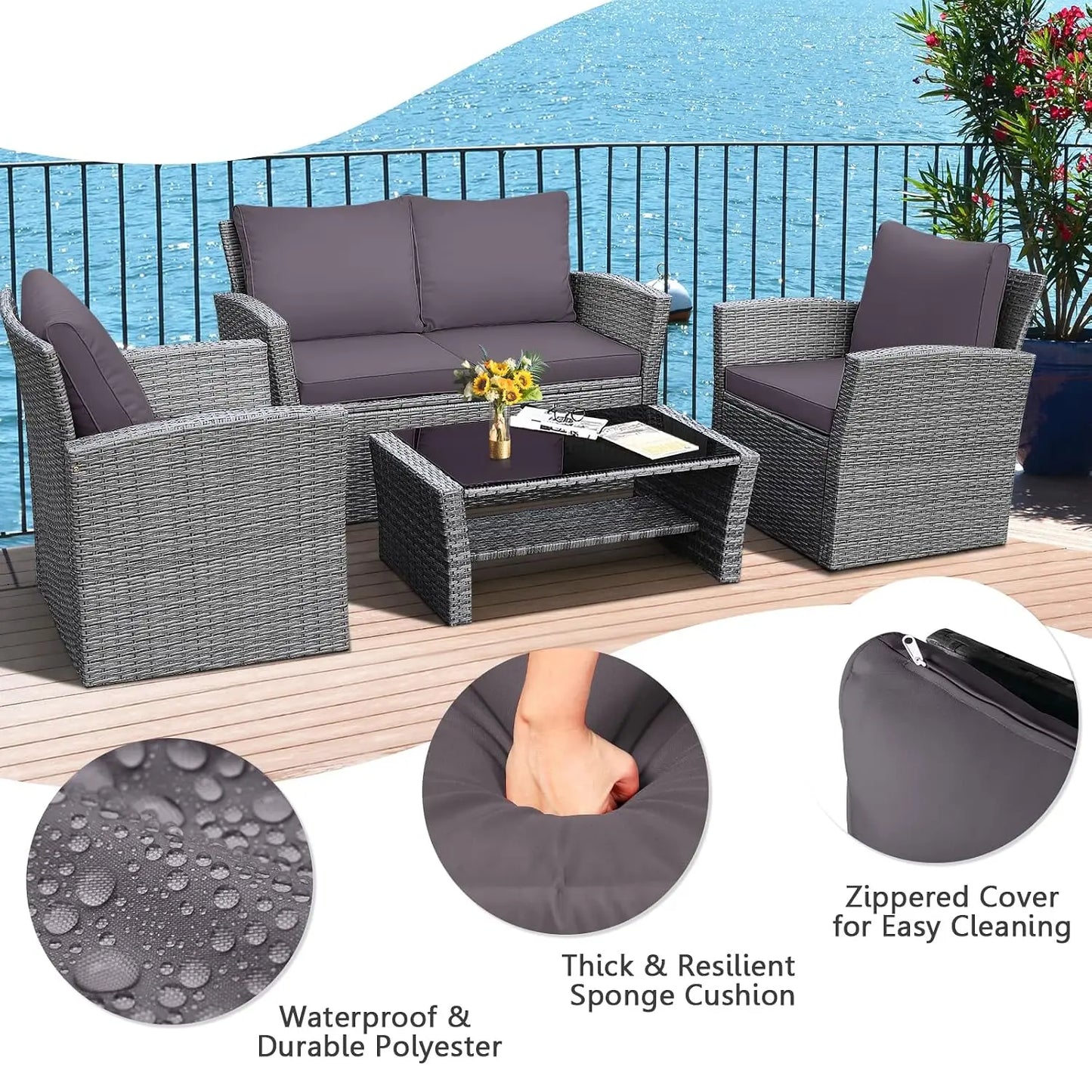 4PCS Patio Rattan Furniture Set Outdoor Sofa with Cushions & Coffee Table for Garden Porch Balcony, Customized