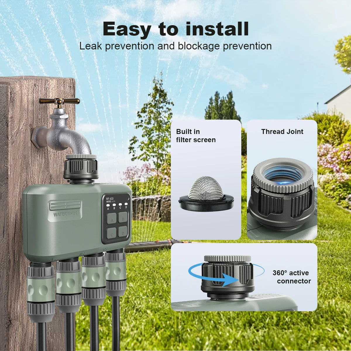 4 Outlet Programmable Water Timer for Garden Hose, with Rain Delay/Automatic Watering System, Digital Irrigation for Yard, Lawn