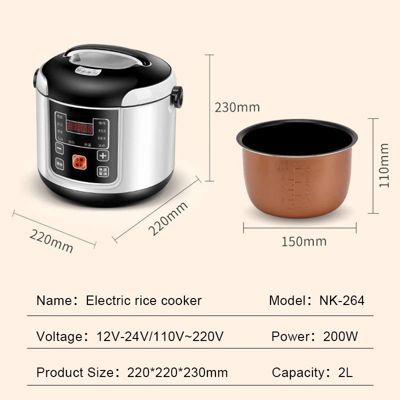 Portable Car Rice Cooker 2L Electric Truck Multi-Cooker Soup Porridge Cooking Food Steamer Electric Lunch Box 12V or 24V