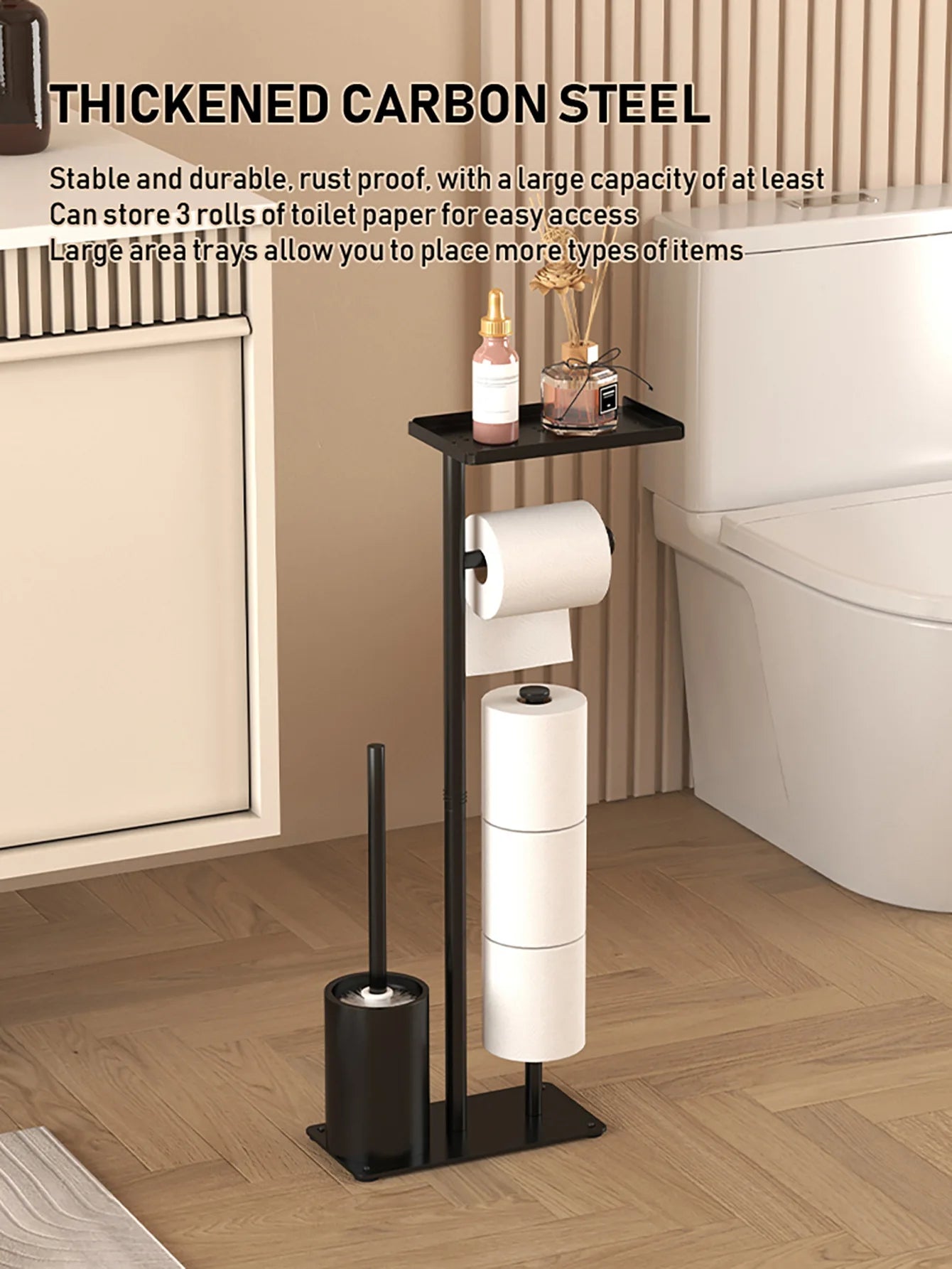 Floor-standing Tissue Holder Vertical Movable Toilet Paper Storage Rack Nail-Free Toilet Brush Holder Roll Paper Holder Bathroom