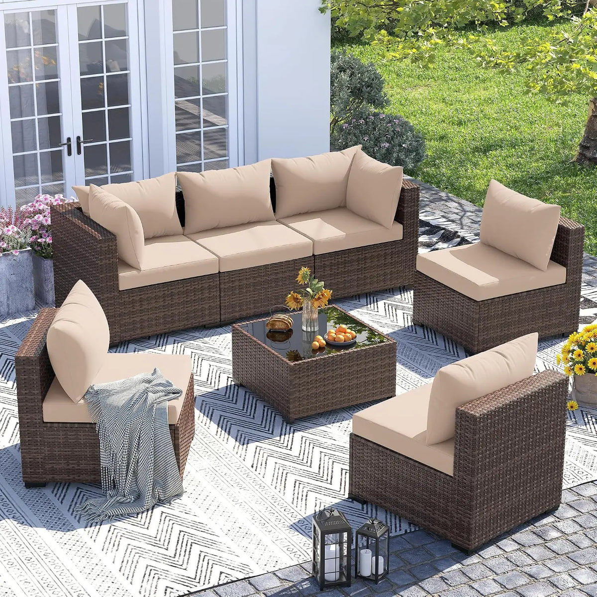 7-Piece Wicker Patio Furniture Set Non-Slip Cushion Outdoor Garden Balcony, Customized