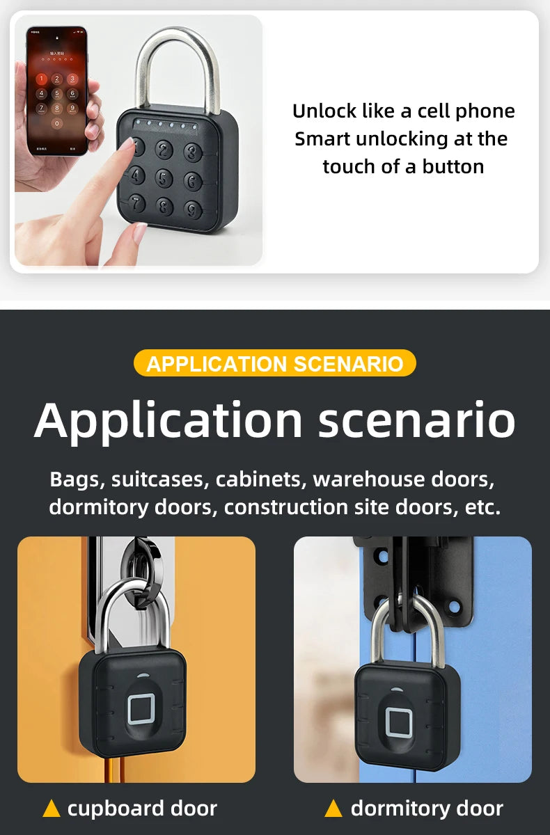 Smart Pad Lock Fingerprint Padlock Cabinet Lock Dormitory Anti-Theft Lock USB Rechargeable Security Keyless Lock Smart Padlock