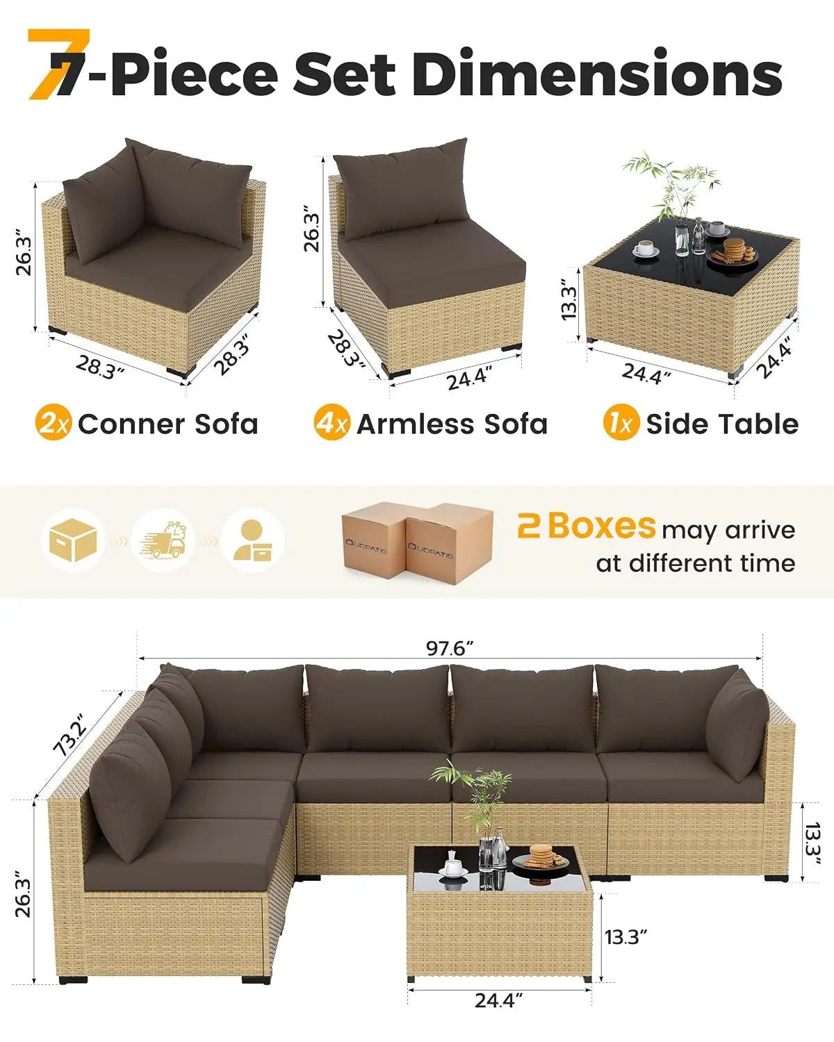 7-Piece Wicker Patio Furniture Set Non-Slip Cushion Outdoor Garden Balcony, Customized