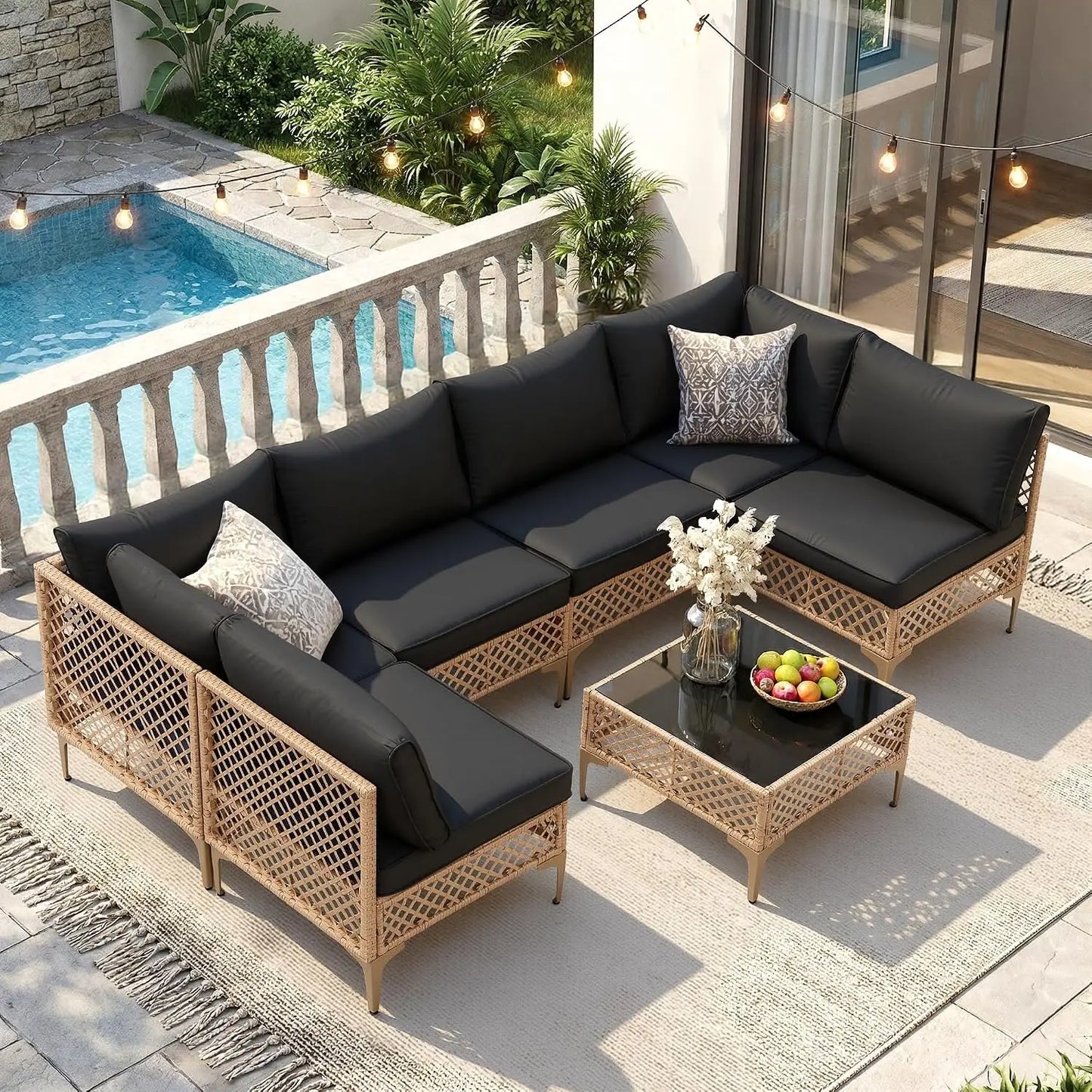 7-Piece Outdoor Wicker Sectional Sofa Set, Patio Garden Furniture, PE Rattan, Customized
