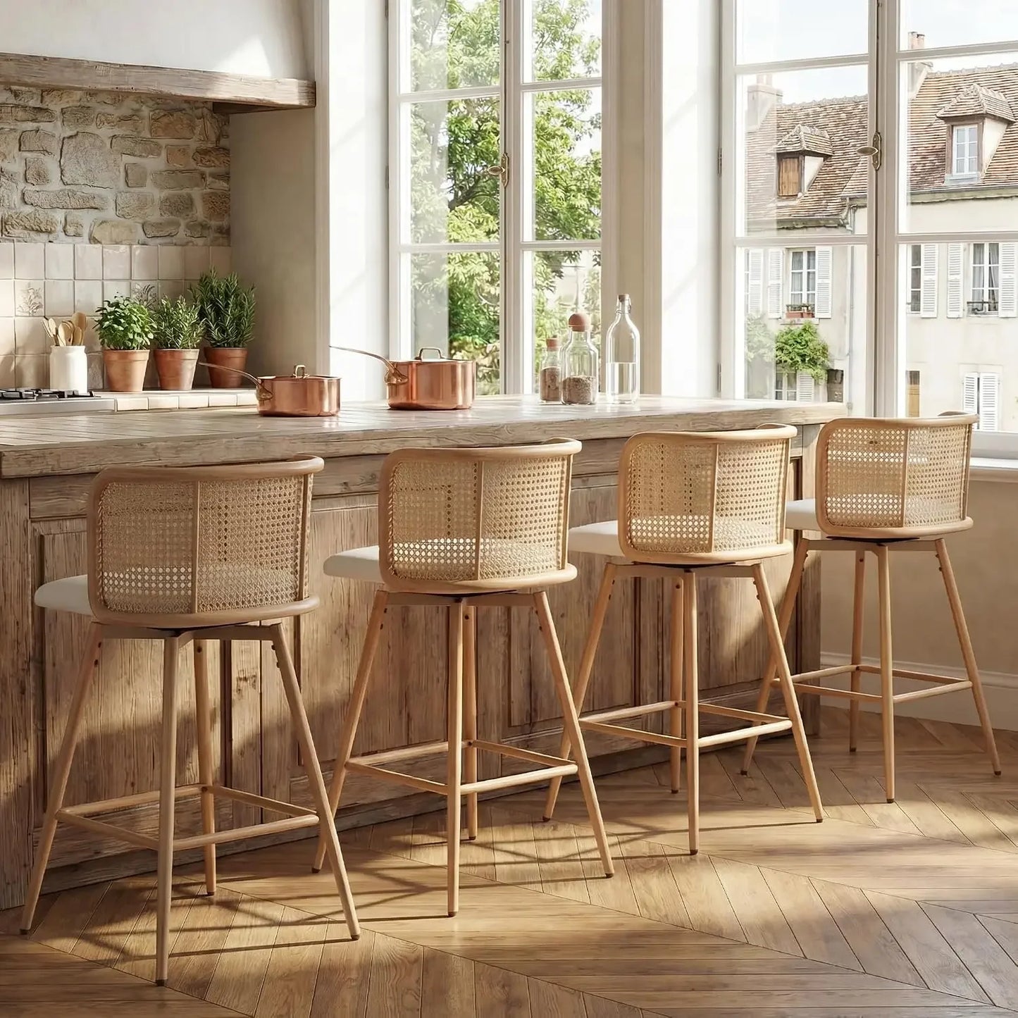 26" Swivel Rattan Bar Stools Set of 4, Counter Height Barstools, White |, Farmhouse, Mid-Century Modern, Natural, Rattan Woven