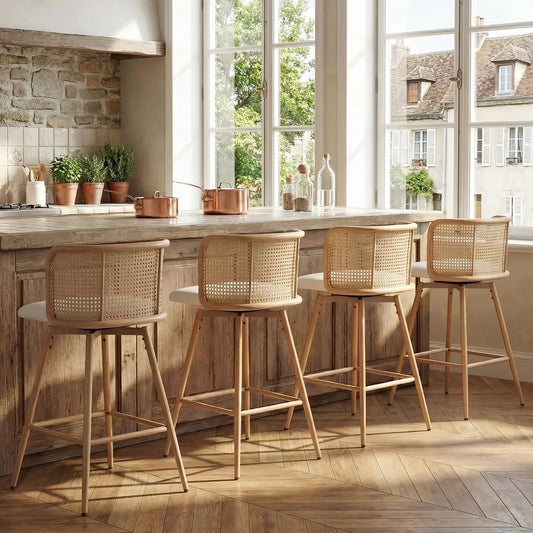 26" Swivel Rattan Bar Stools Set of 4, Counter Height Barstools, White |, Farmhouse, Mid-Century Modern, Natural, Rattan Woven