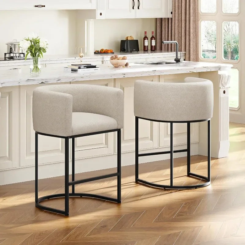 26" H Counter Height Bar Stools Modern Barrel Counter Stools with Backrest and Arms, Linen Fabric Upholstered Accent Barstools
