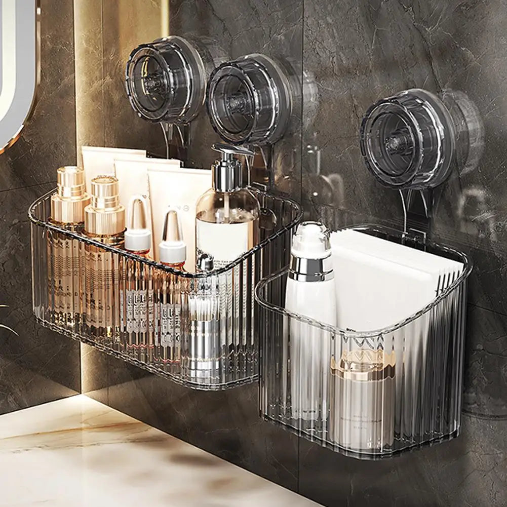 No Drill Suction Cup Shower Shelf - Transparent Bathroom Organizer Basket, Quick-Install Storage for Cosmetics & Toiletries