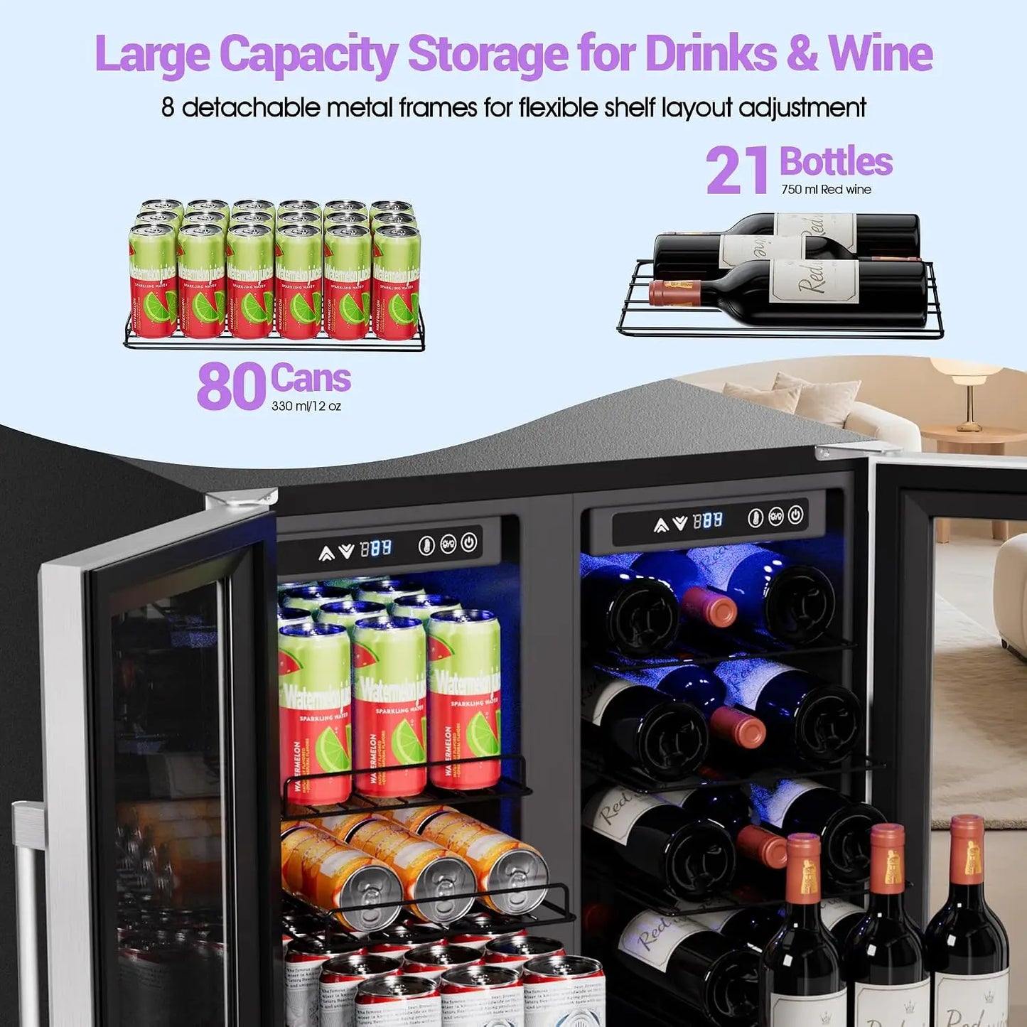 24 Inch 5.2 Cu.Ft Dual Zone Wine and Beverage Refrigerator With Glass Door | Built-in & Freestanding Beverage, Customized