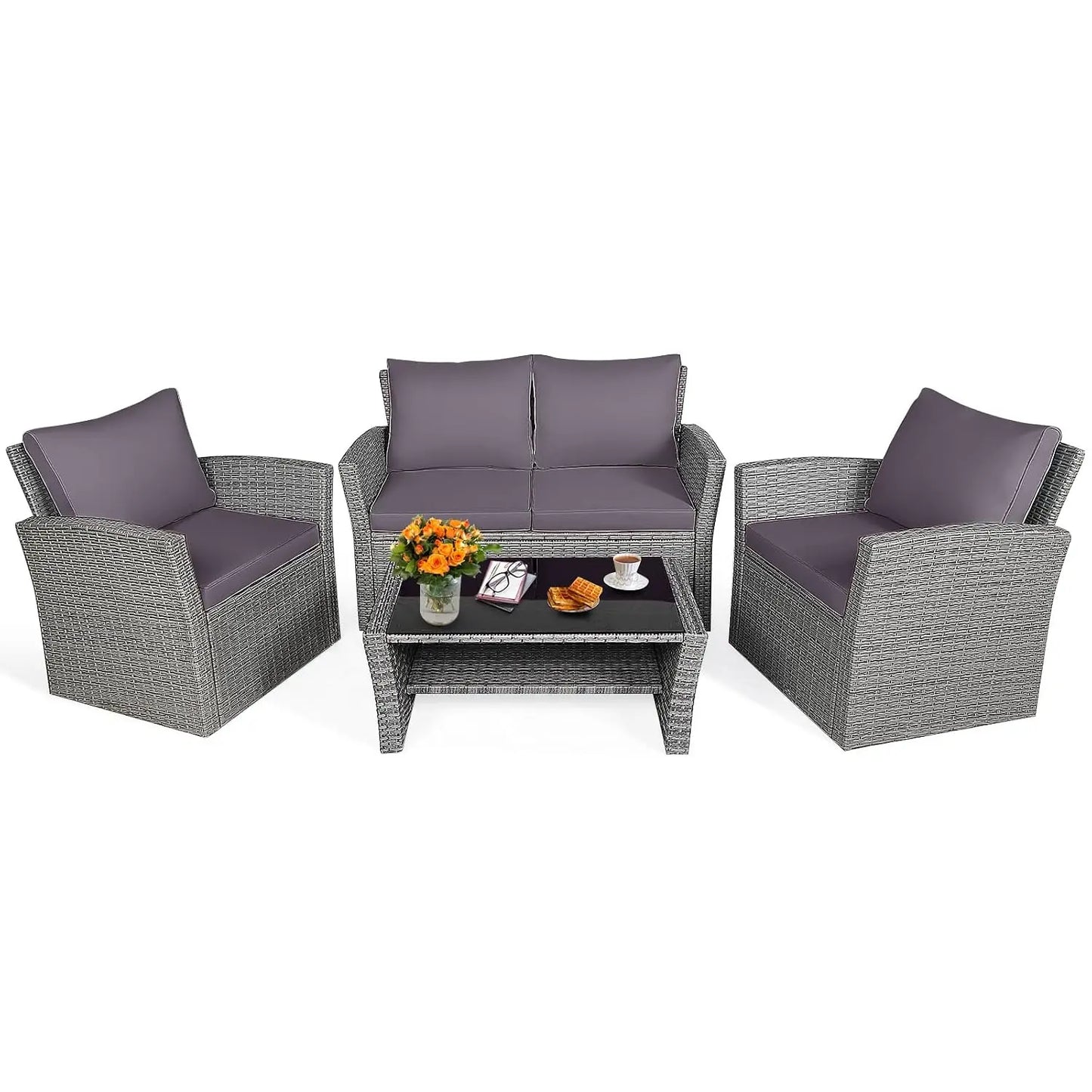 4PCS Patio Rattan Furniture Set Outdoor Sofa with Cushions & Coffee Table for Garden Porch Balcony, Customized
