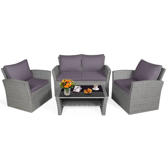 4PCS Patio Rattan Furniture Set Outdoor Sofa with Cushions & Coffee Table for Garden Porch Balcony, Customized