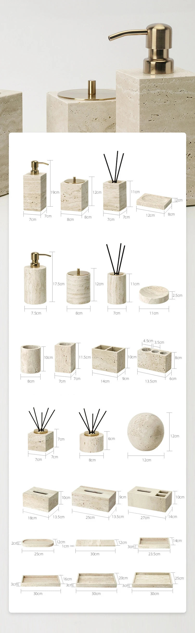 Travertine Bathroom Accessories Set Luxury Soap Dish Soap Dispenser Reed Diffuser Tissue Box Tray Bathroom Set