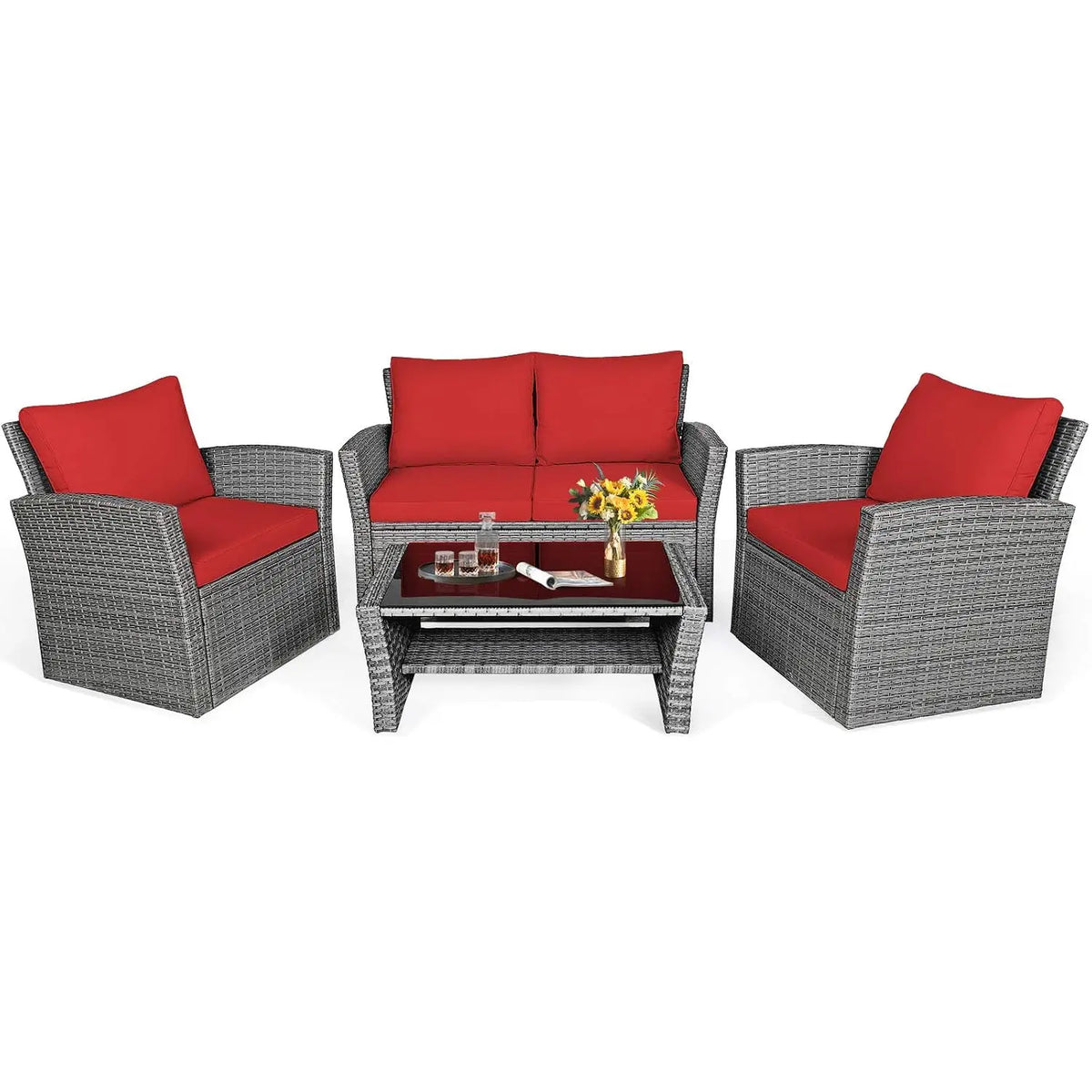4PCS Patio Rattan Furniture Set Outdoor Sofa with Cushions & Coffee Table for Garden Porch Balcony, Customized