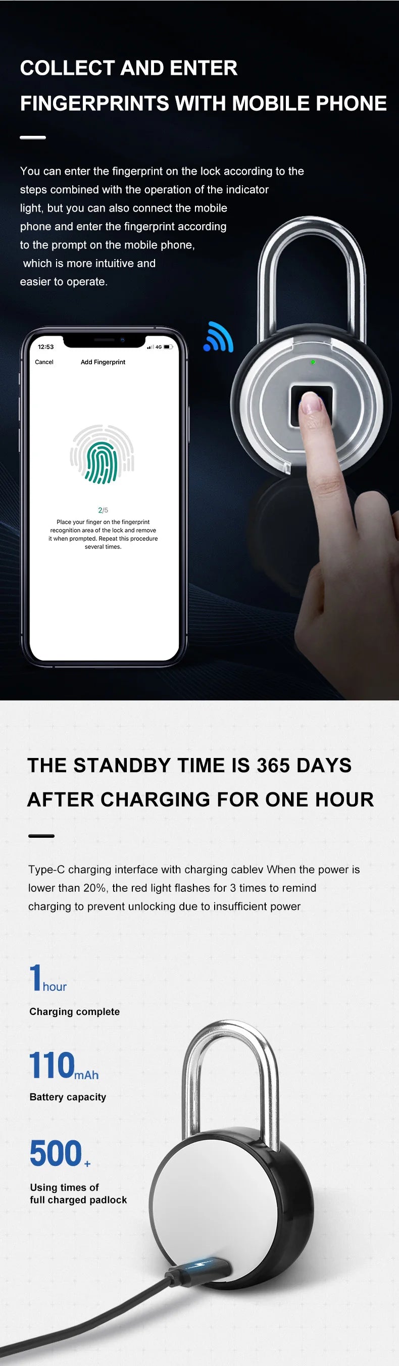 Smart Lock Bluetooth APP Control IP55 Waterproof Rechargeable for Luggage Gym Office Zinc Alloy Anti Theft Padlock