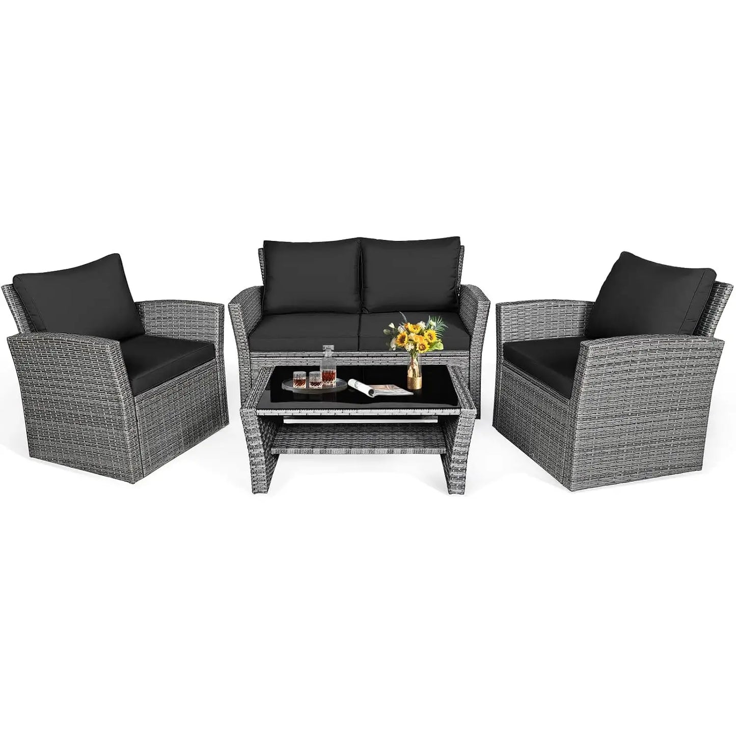 4PCS Patio Rattan Furniture Set Outdoor Sofa with Cushions & Coffee Table for Garden Porch Balcony, Customized